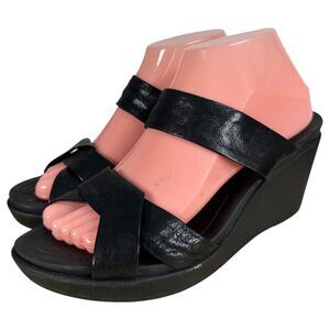 CROCS Leigh Ann Wedge Sandals Black Leather Women's Size 9